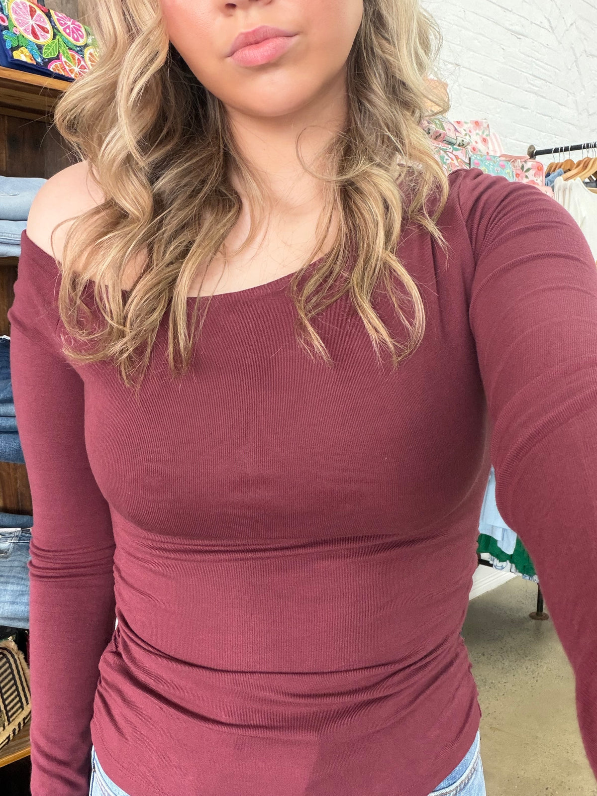 Kylie Off Shoulder Long Sleeve Top - Burgundy