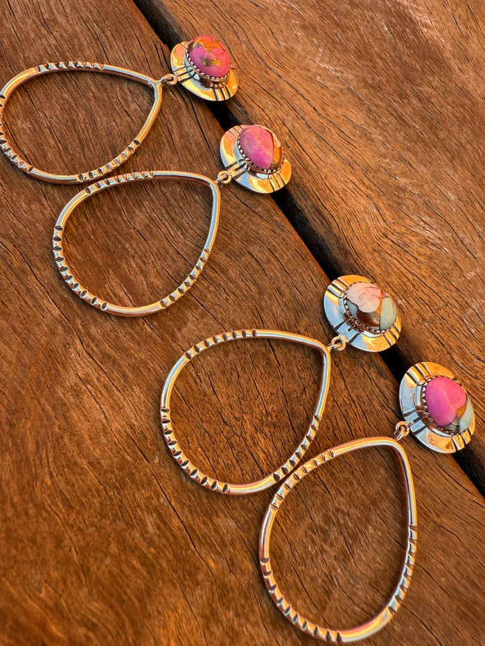 Top Tier Earrings - Pink Dahlia & Turquoise Stones