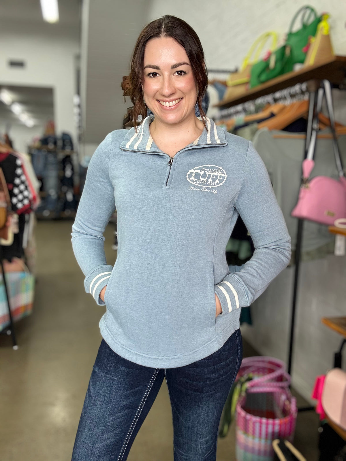 Cowgirl Tuff Jumper - Light Blue/White Print