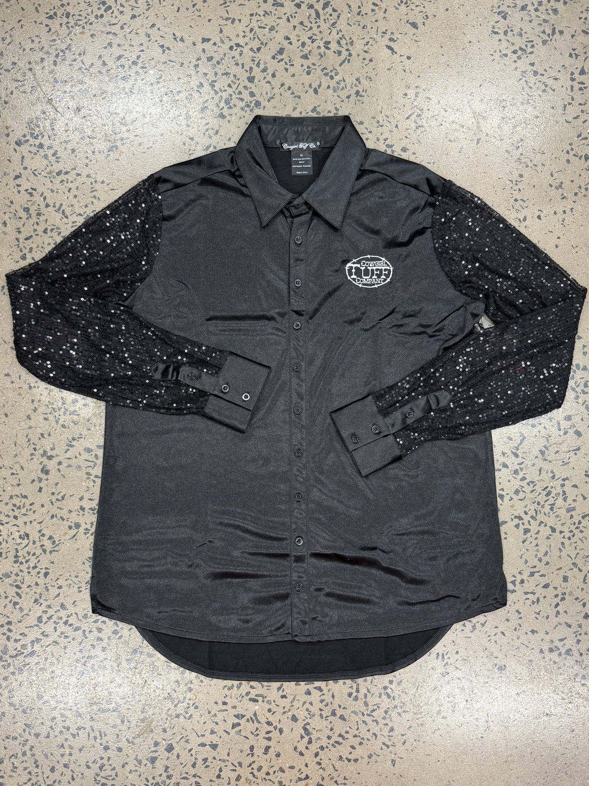Cowgirl Tuff Pullover Arena Shirt - Black Satin with Sheer Sequin Sleeves