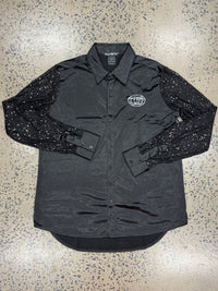 Cowgirl Tuff Pullover Arena Shirt - Black Satin with Sheer Sequin Sleeves