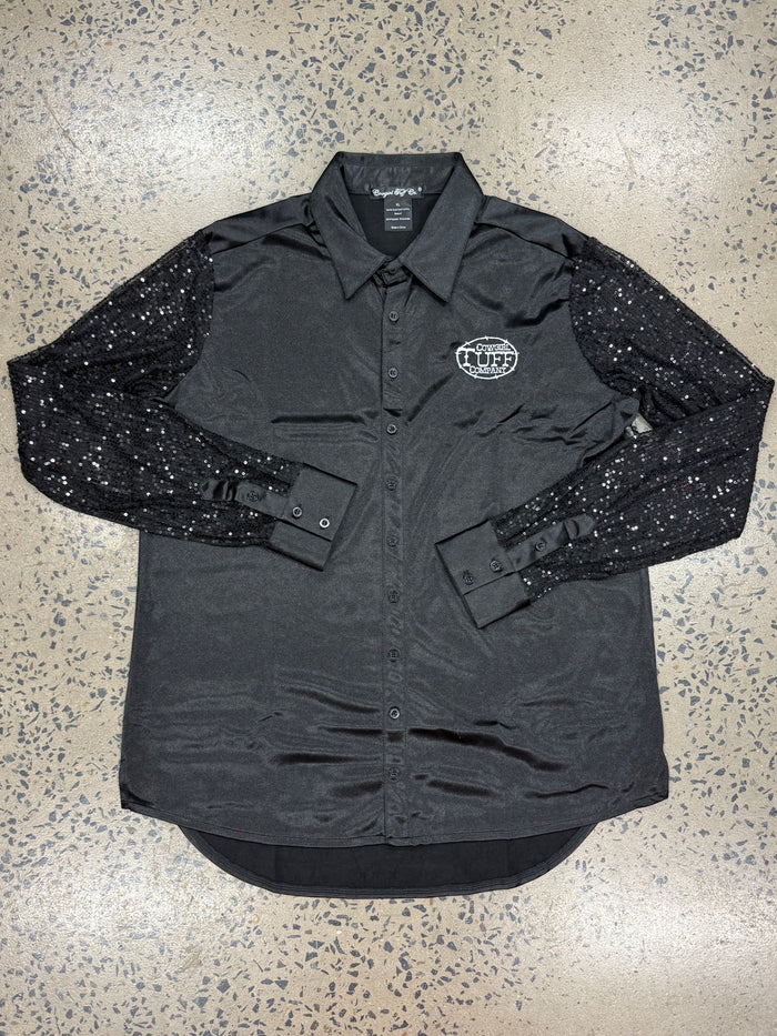 Cowgirl Tuff Pullover Arena Shirt - Black Satin with Sheer Sequin Sleeves
