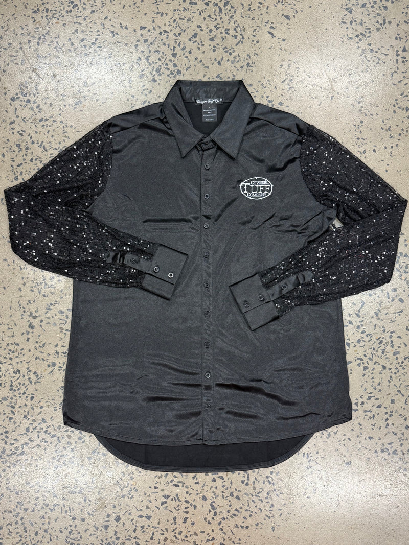 Cowgirl Tuff Pullover Arena Shirt - Black Satin with Sheer Sequin Sleeves