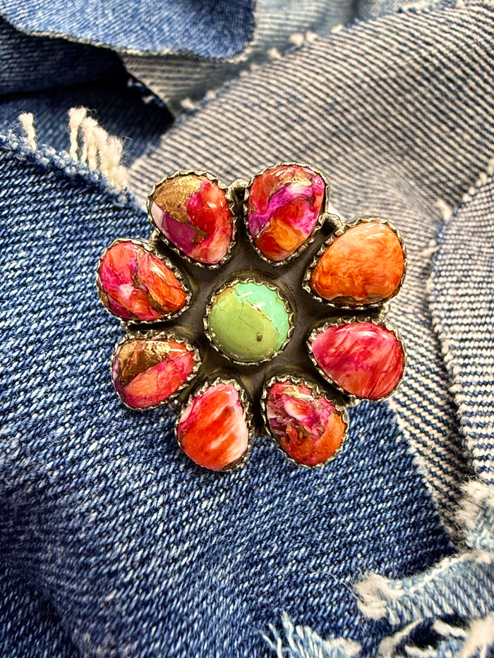 Bloom Adjustable Ring - Dahlia & Turquoise/White Buffalo Stones