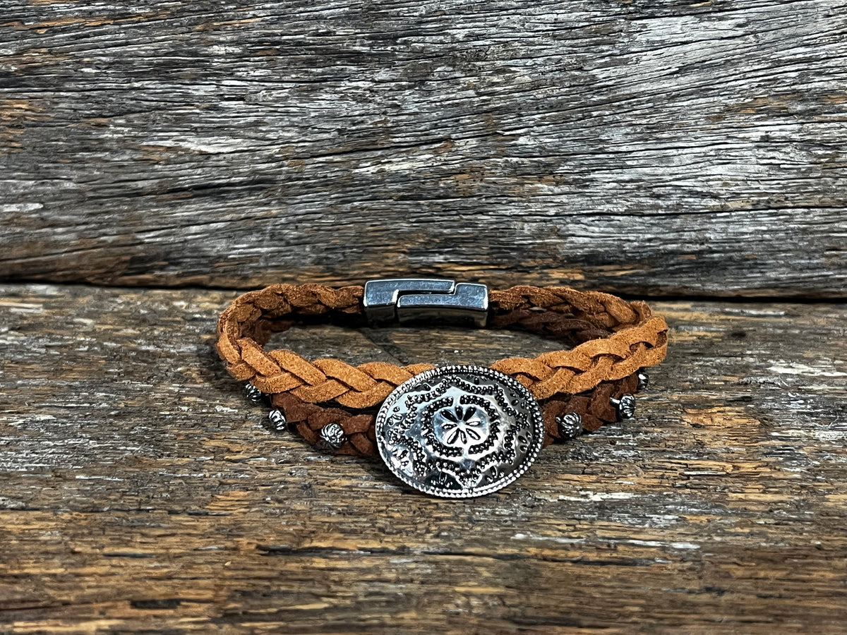 Braided Leather Concho Bracelet - Brown
