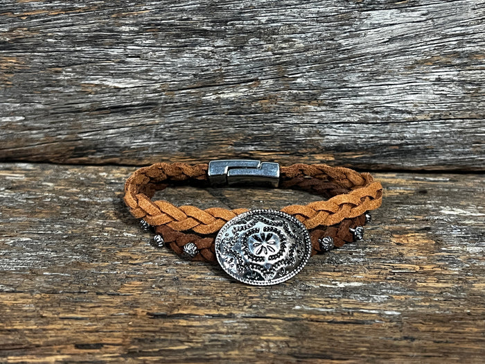Braided Leather Concho Bracelet - Brown