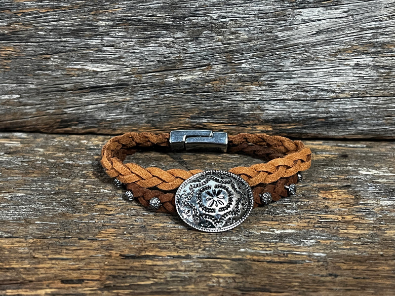Braided Leather Concho Bracelet - Brown