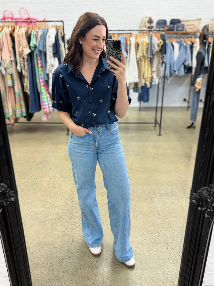 Seili Crop Top - Navy With Bows