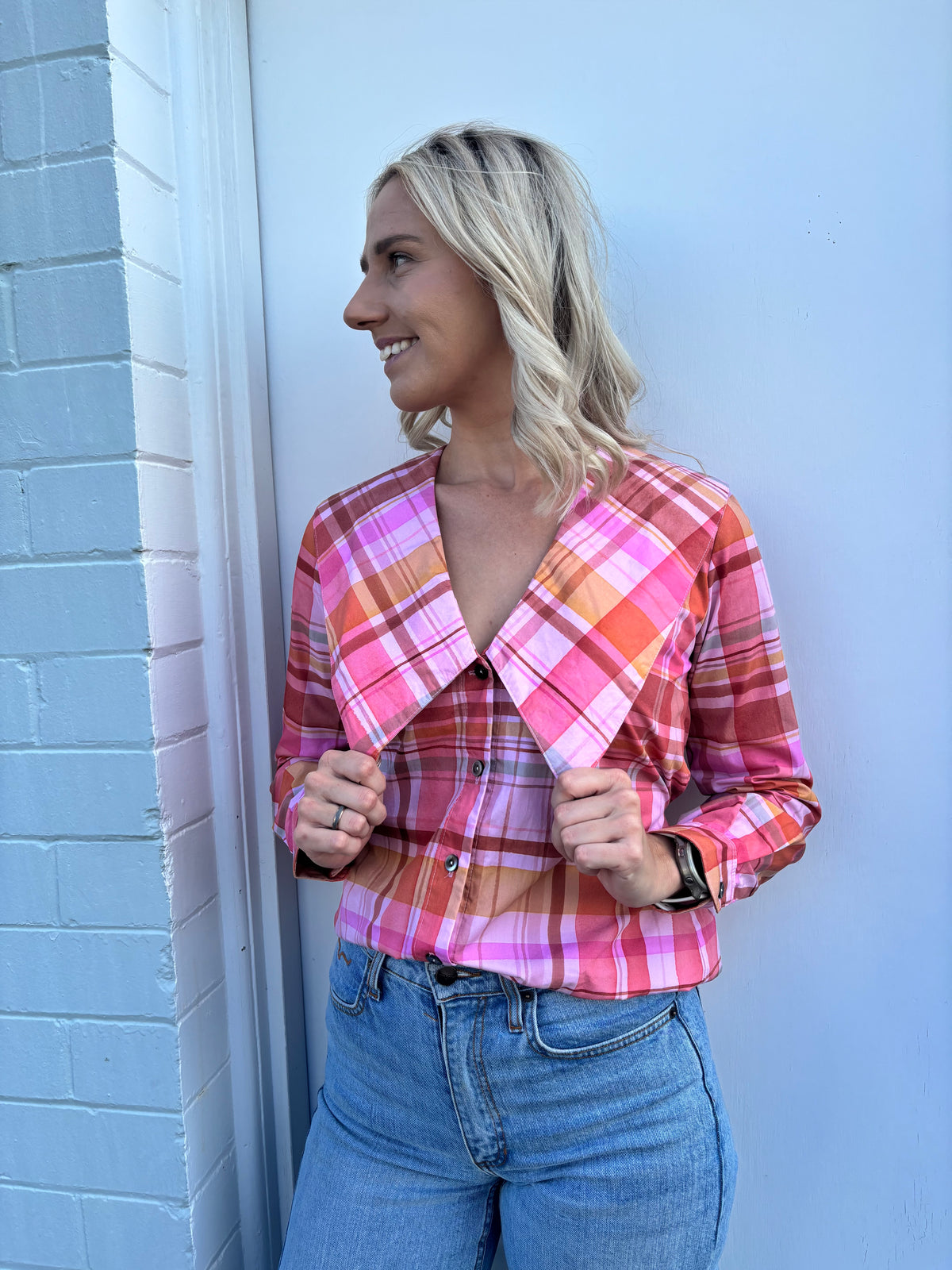 LJC Matilda Top - Poplin Pink Plaid