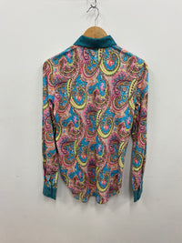 Cowgirl Tuff Pullover Arena Shirt - Pink Paisley With Turquoise Foil Metallic Accents
