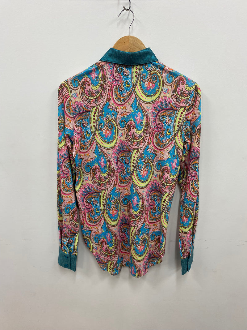 Cowgirl Tuff Pullover Arena Shirt - Pink Paisley With Turquoise Foil Metallic Accents