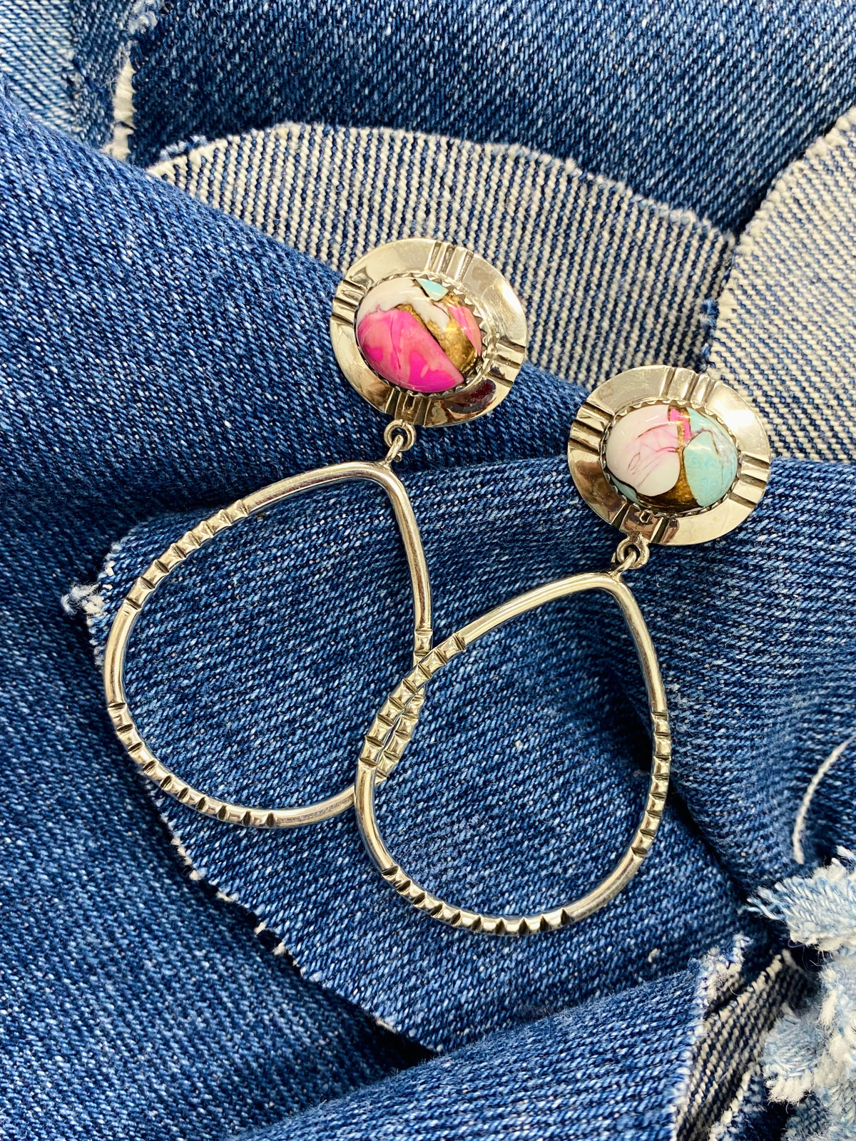 Top Tier Earrings - Pink Dahlia & Turquoise Stones