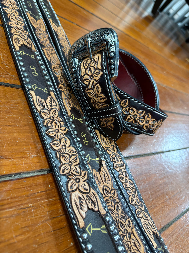 Western Belt - Floral Tooling with Arrow Inlay