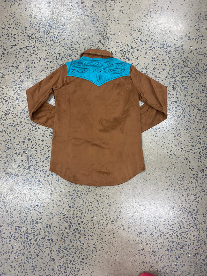 Cowgirl Tuff Pullover Arena Shirt - Brown With Turquoise Accents