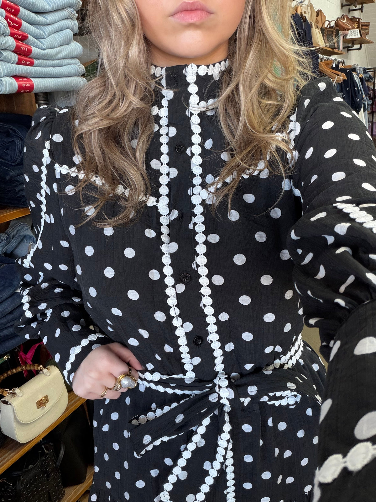 Bianca Mini Dress - Black with White Polka Dots