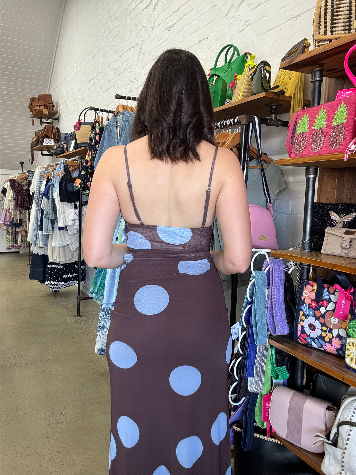 Mocha Maxi Dress - Blue Polka Dot
