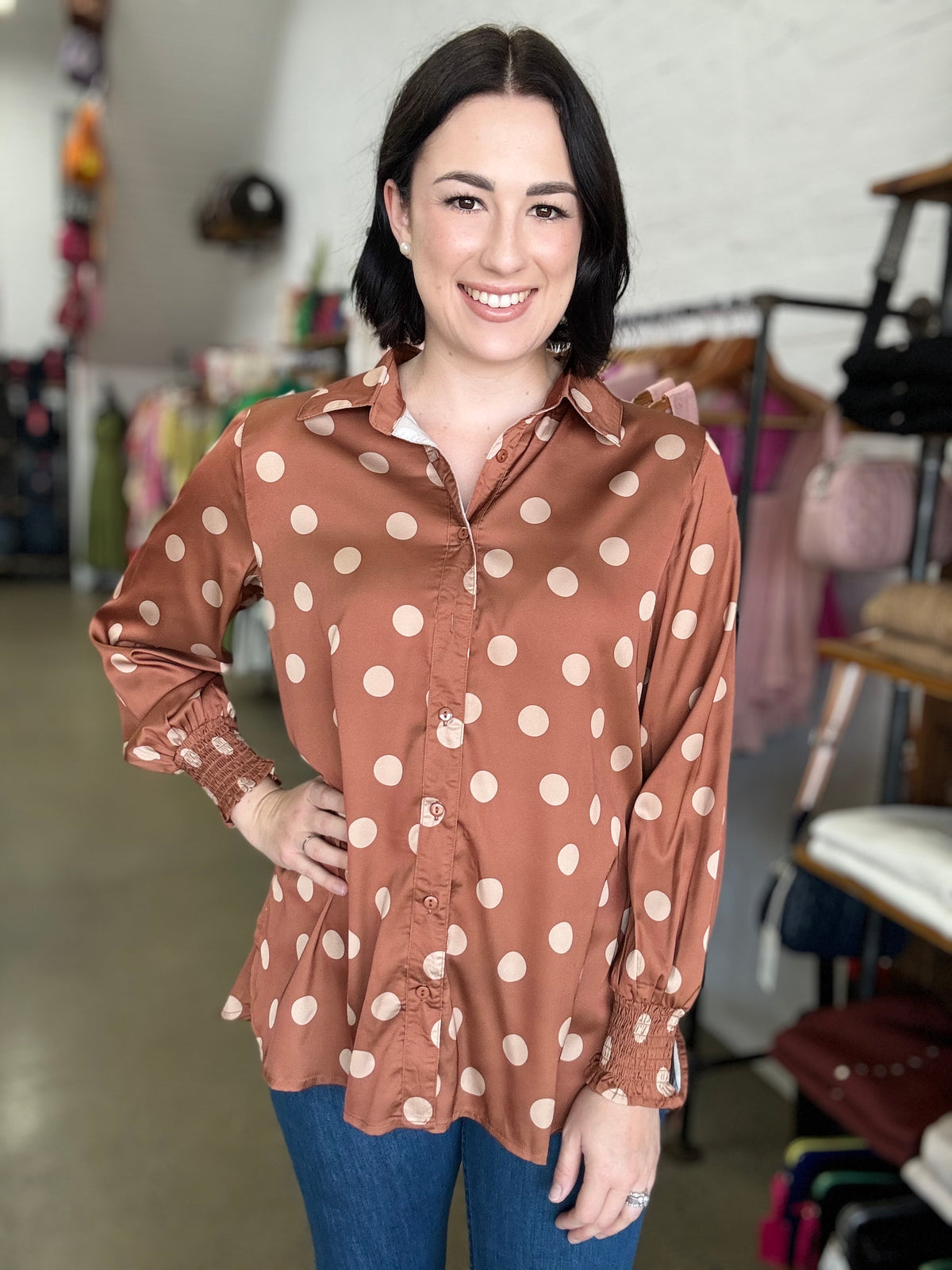 Cecilia Top - Bronze & Beige Dots