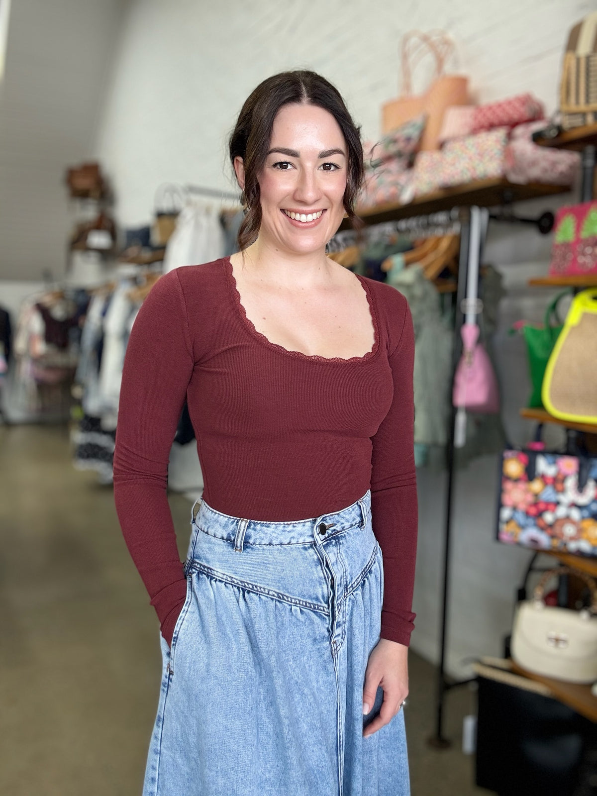 Washed Rib Scoop Neck Long Sleeve Tee - Burgundy