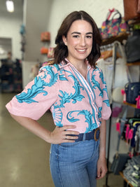 Mabel Top - Pink & Aqua Floral
