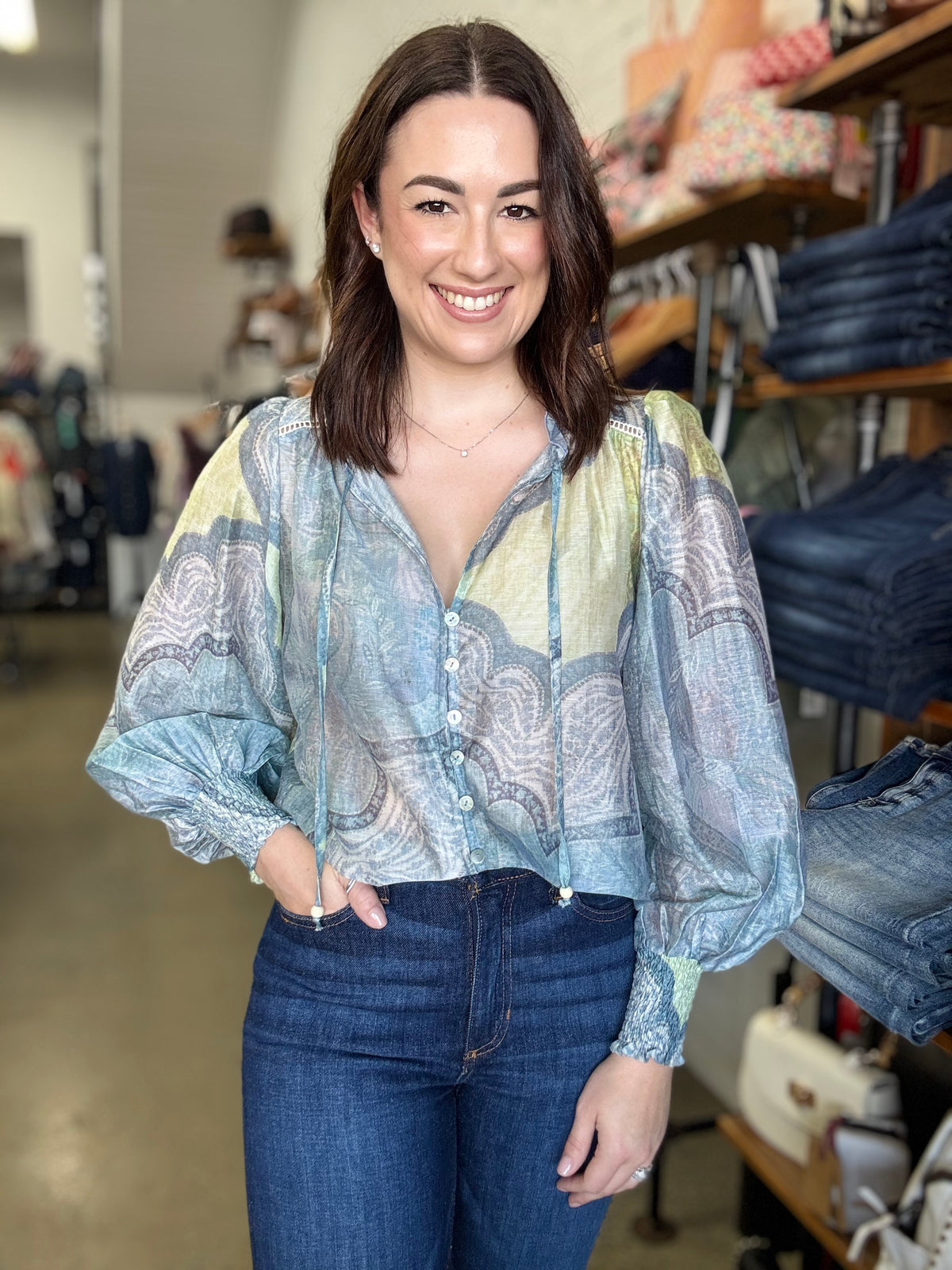 Skyla Top - Blue & Green Paisley