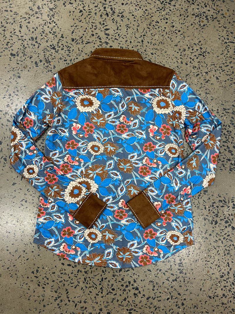 Cowgirl Tuff Pullover Arena Shirt - Floral With Brown Suede