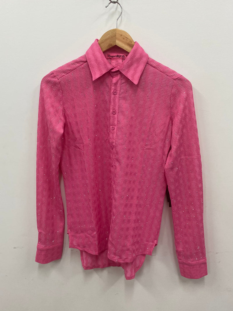 Cowgirl Tuff Pullover Arena Shirt - Pink With Silver Crystals