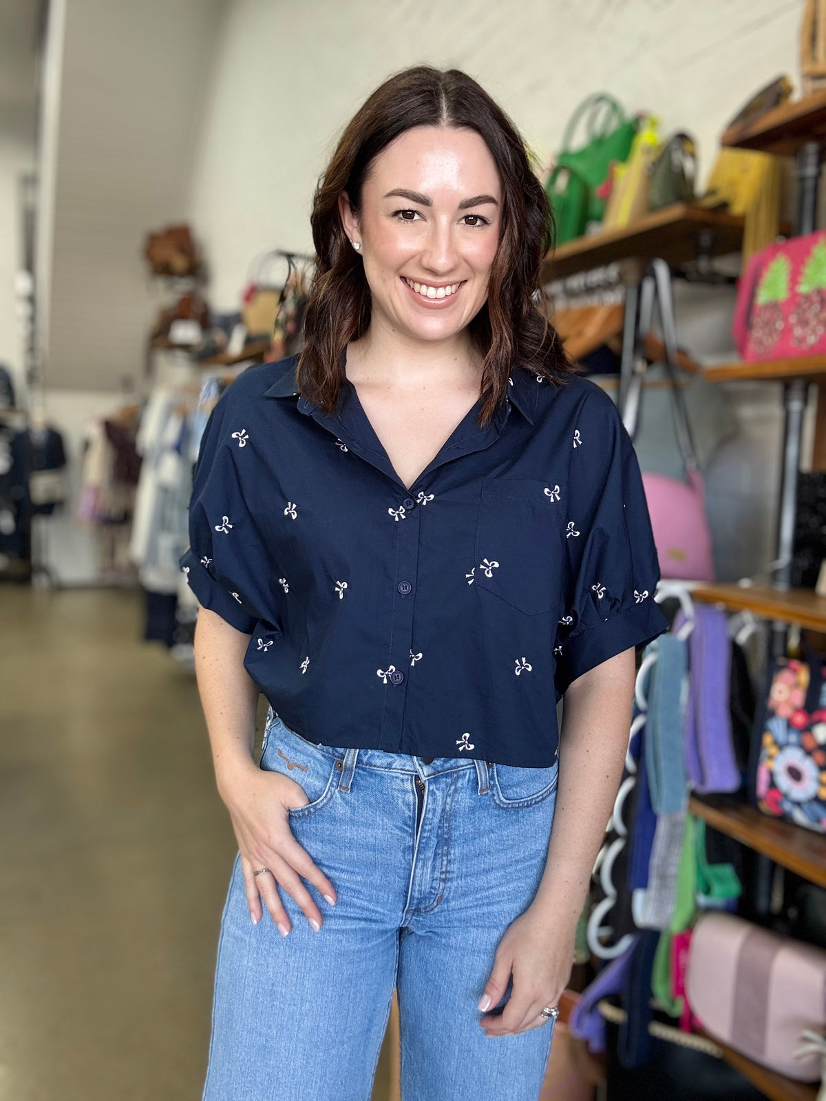 Seili Crop Top - Navy With Bows