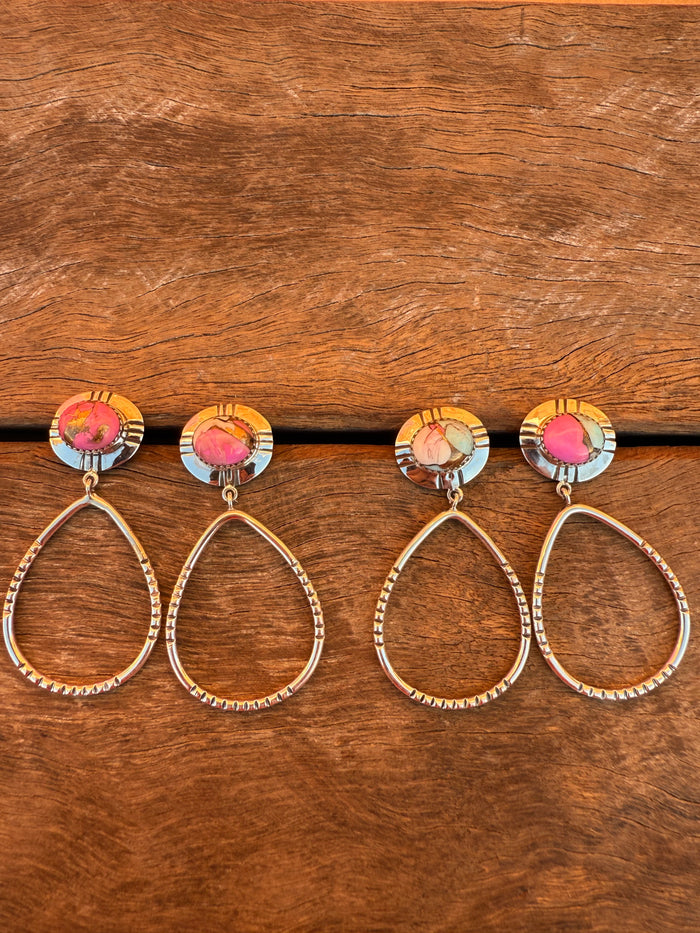 Top Tier Earrings - Pink Dahlia & Turquoise Stones