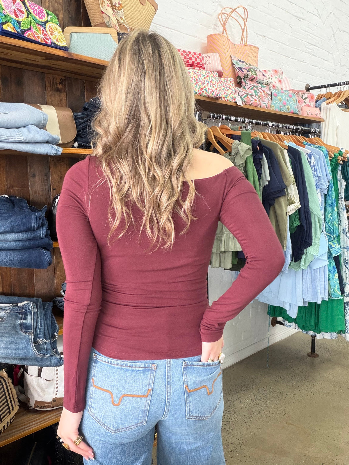 Kylie Off Shoulder Long Sleeve Top - Burgundy