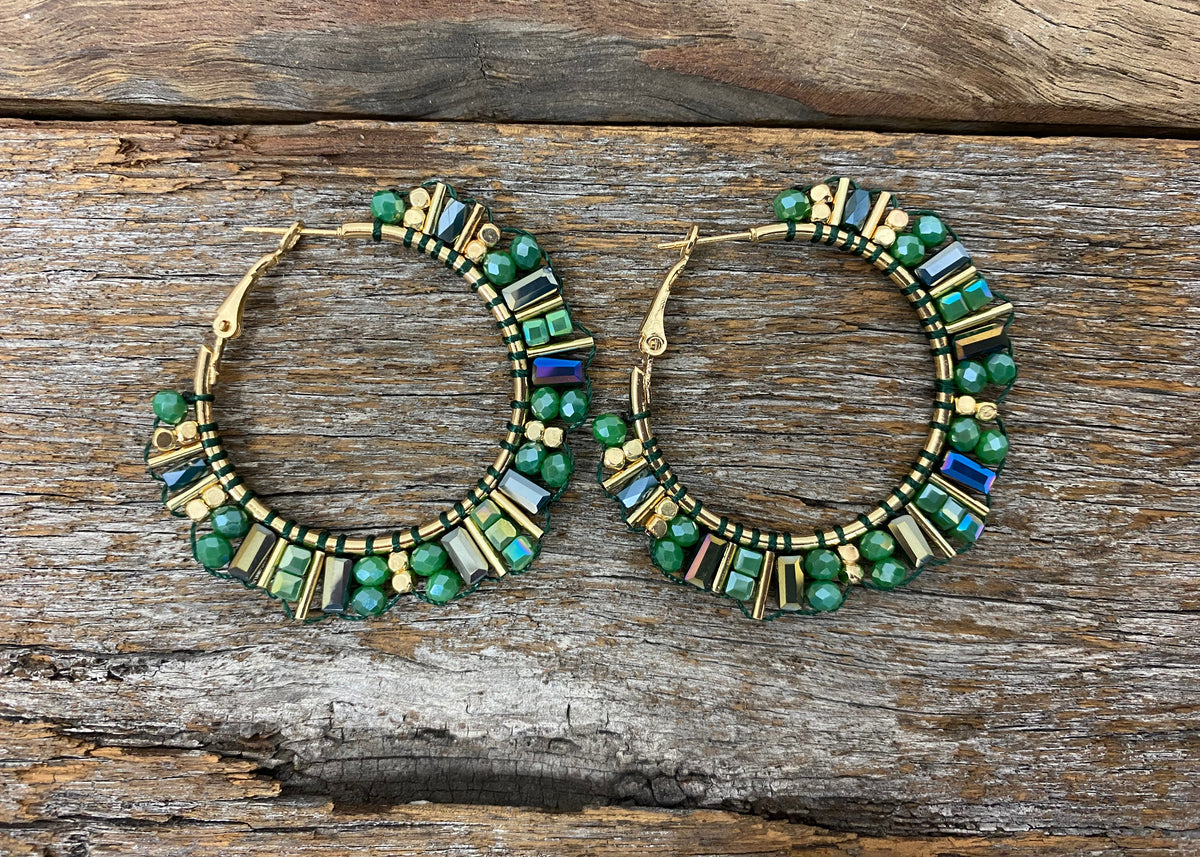Earrings - Green Beaded Crystal Hoop Earrings