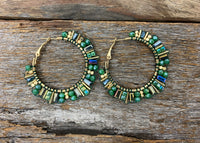 Earrings - Green Beaded Crystal Hoop Earrings