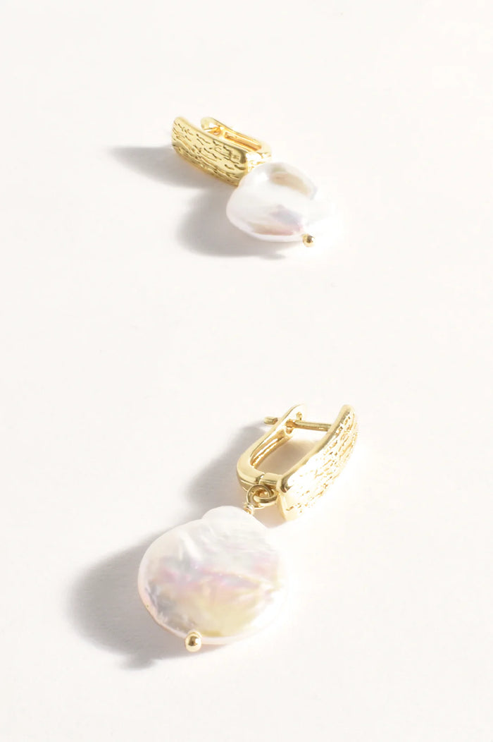 Earrings - Gold Textured Metal Top Pearl Drop
