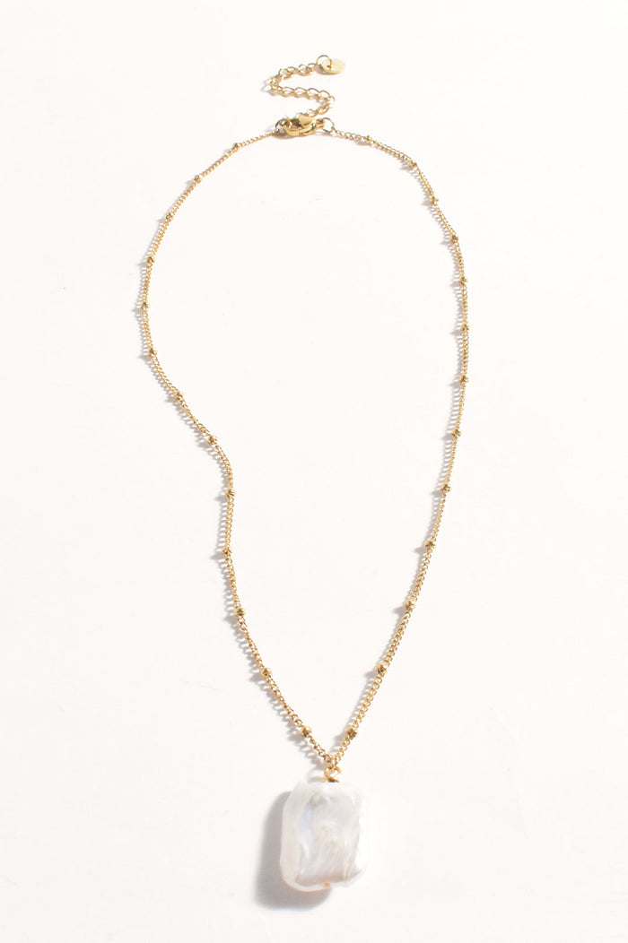 Necklace - Dainty Square Pearl Pendant (Gold)