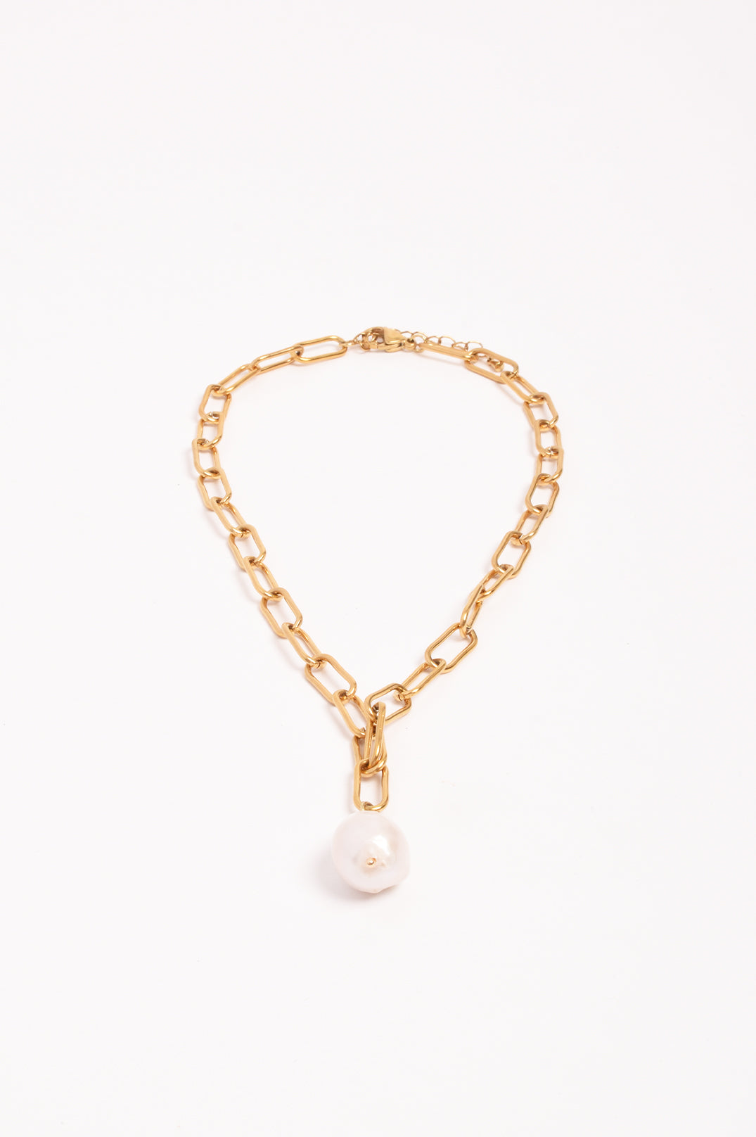 Necklace - Rectangle Link Baroque Pearl Drop