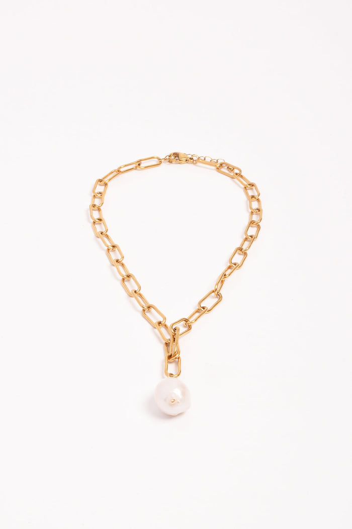 Necklace - Rectangle Link Baroque Pearl Drop