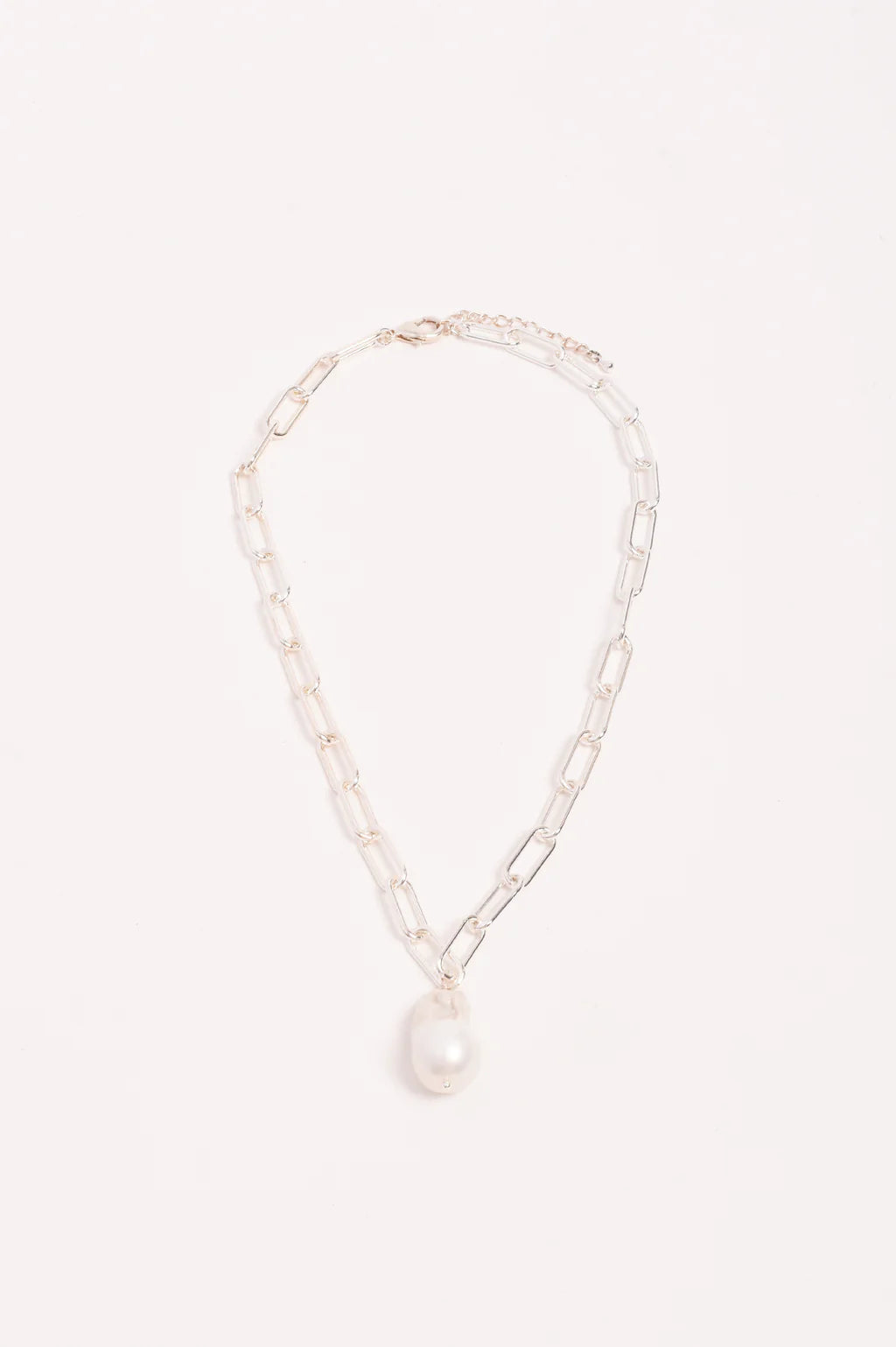 Necklace - Rectangle Link Baroque Pearl Drop Silver