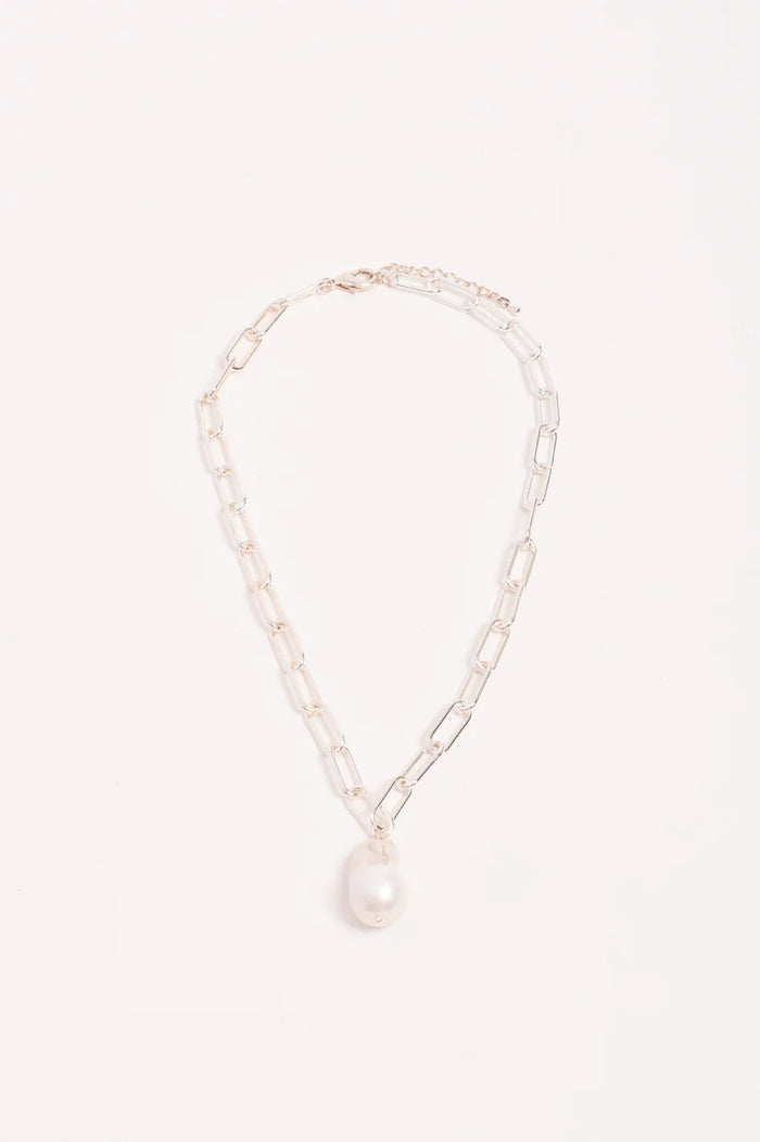 Necklace - Rectangle Link Baroque Pearl Drop Silver