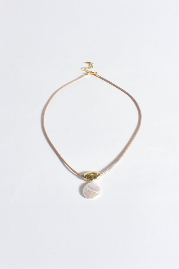 Necklace - Metal Pod Pearl Drop on Leather Cord
