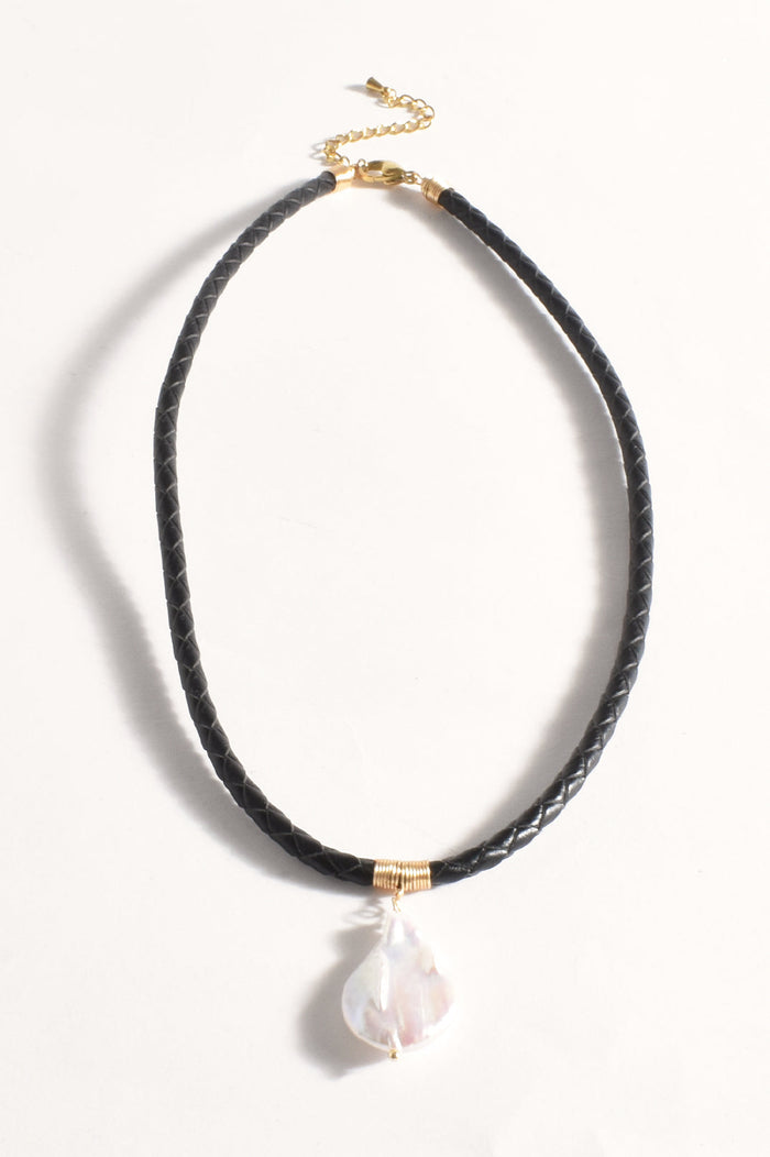 Necklace - Short Plaited Black Leather Pearl Pendant