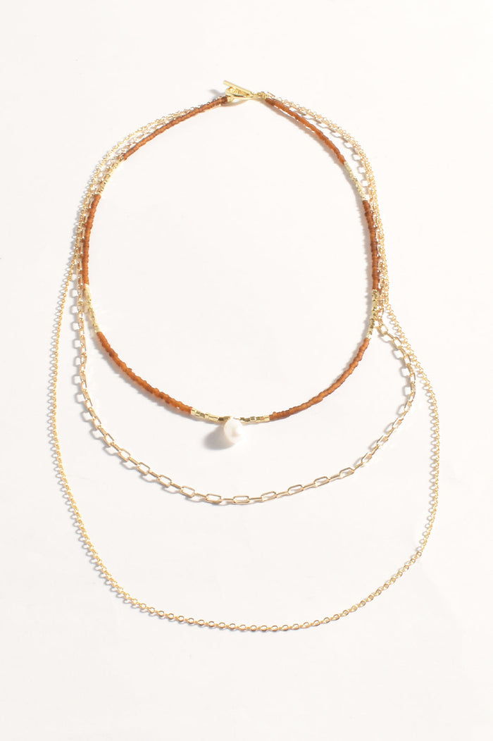 Necklace - Layered Tan Bead Pearl and Chain