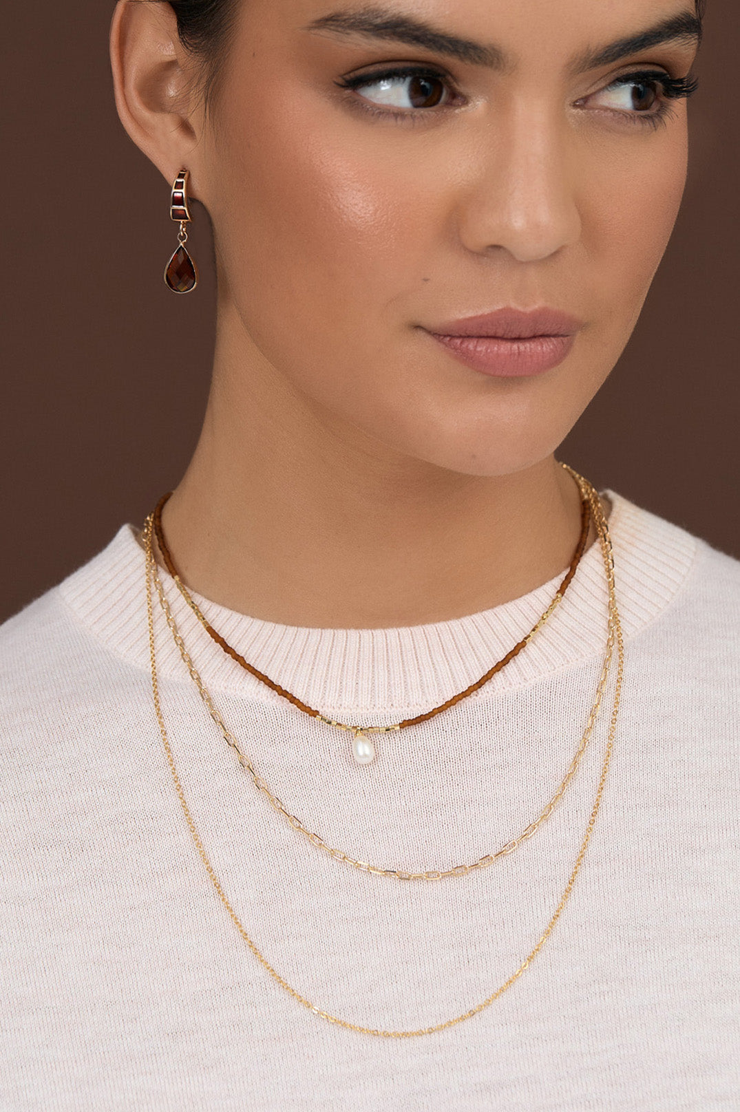 Necklace - Layered Tan Bead Pearl and Chain