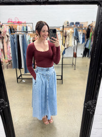Washed Rib Scoop Neck Long Sleeve Tee - Burgundy
