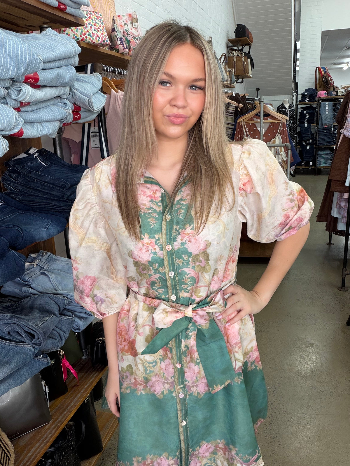 Bridget Dress - Cream and Green Floral