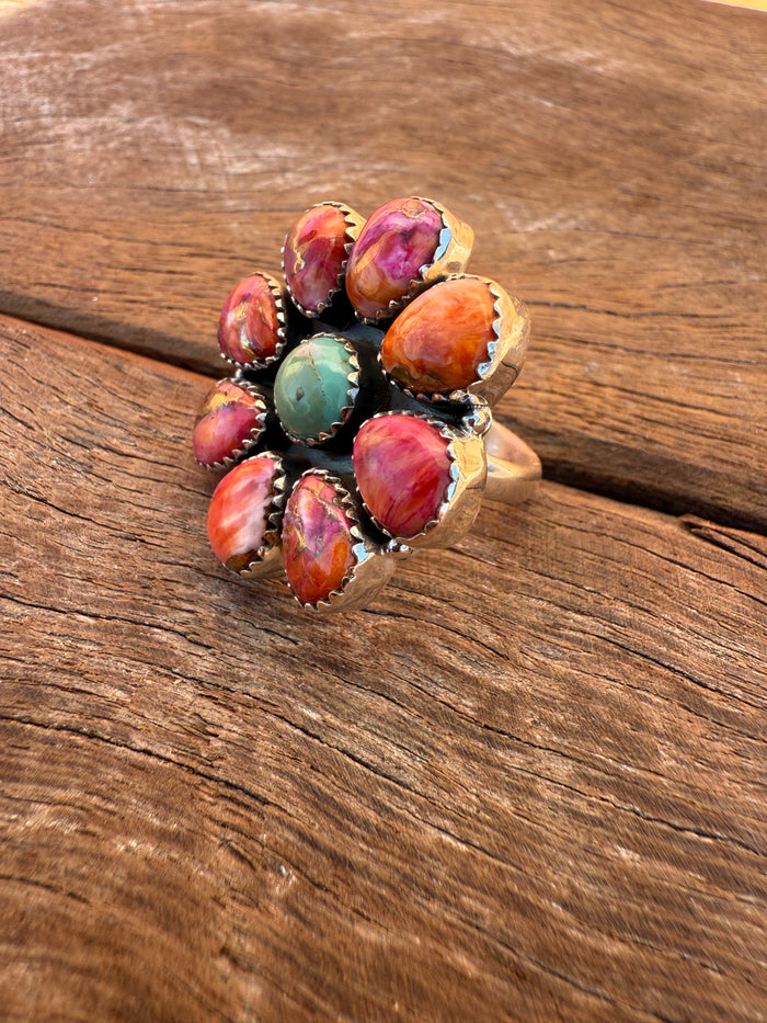 Bloom Adjustable Ring - Dahlia & Turquoise/White Buffalo Stones