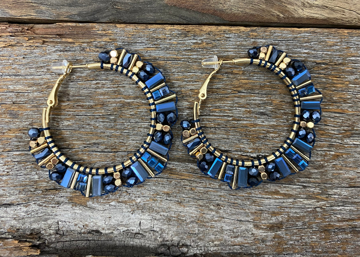 Earrings - Blue Beaded Crystal Hoop Earrings