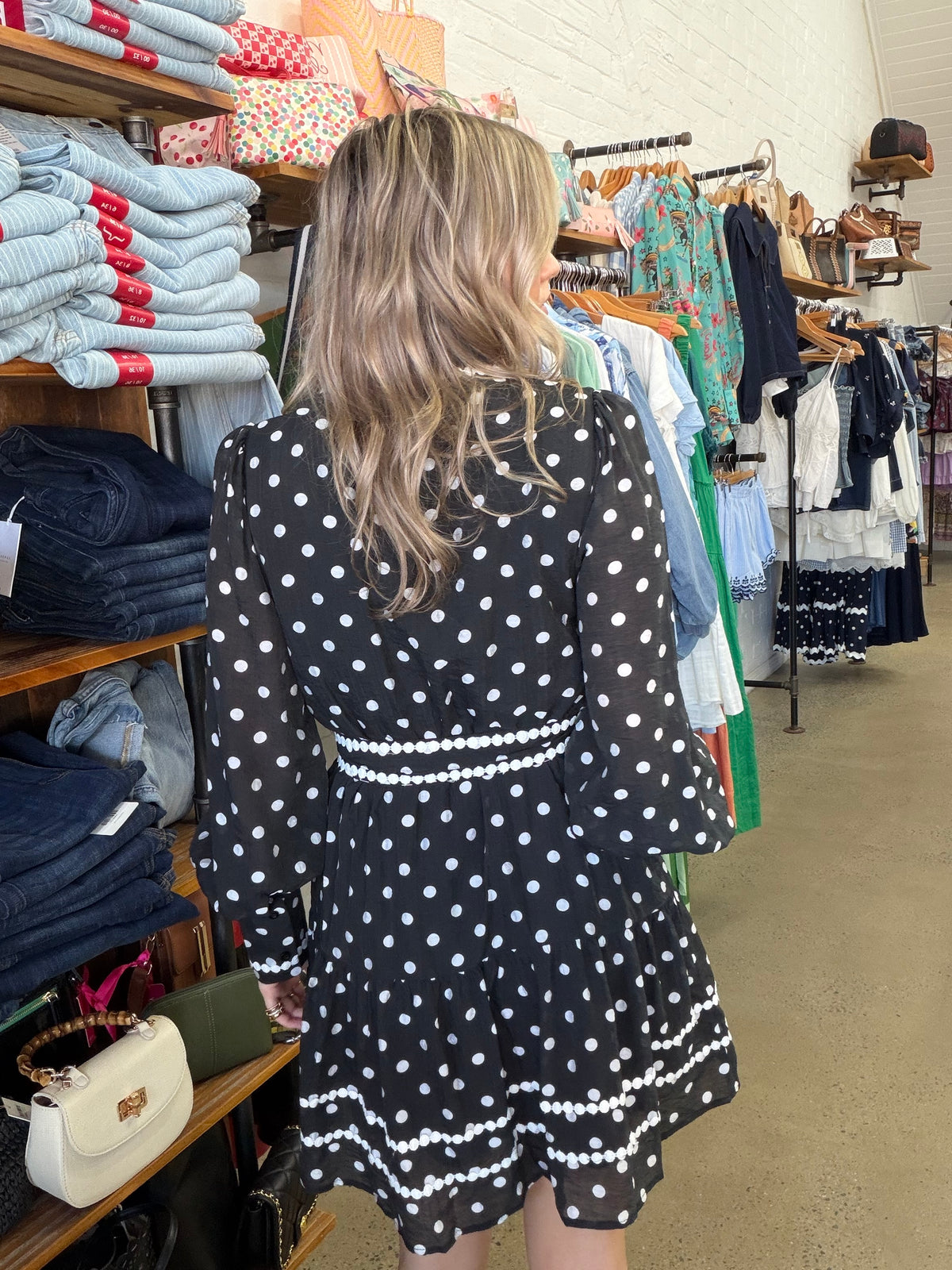 Bianca Mini Dress - Black with White Polka Dots