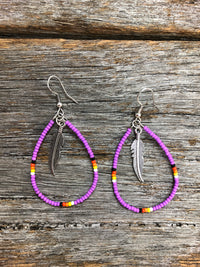 Western Earrings - Beaded Tear Feather Silver Lavendar