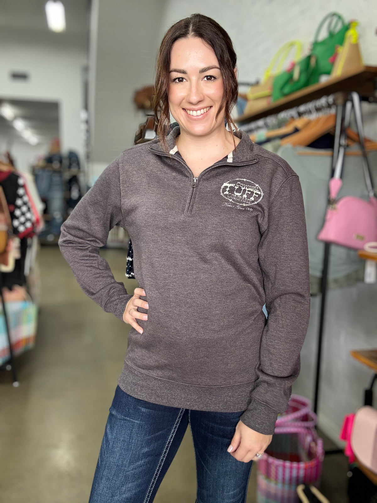 Cowgirl Tuff Quarter Zip - Brown/Cream Print