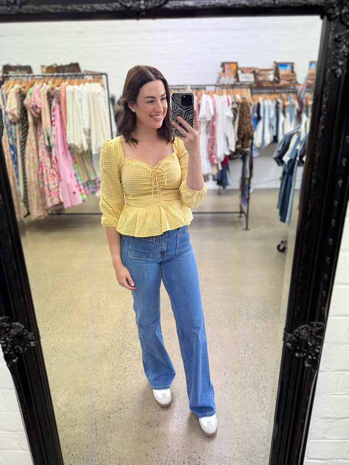 Gingham Ruched Peplum Top - Mustard