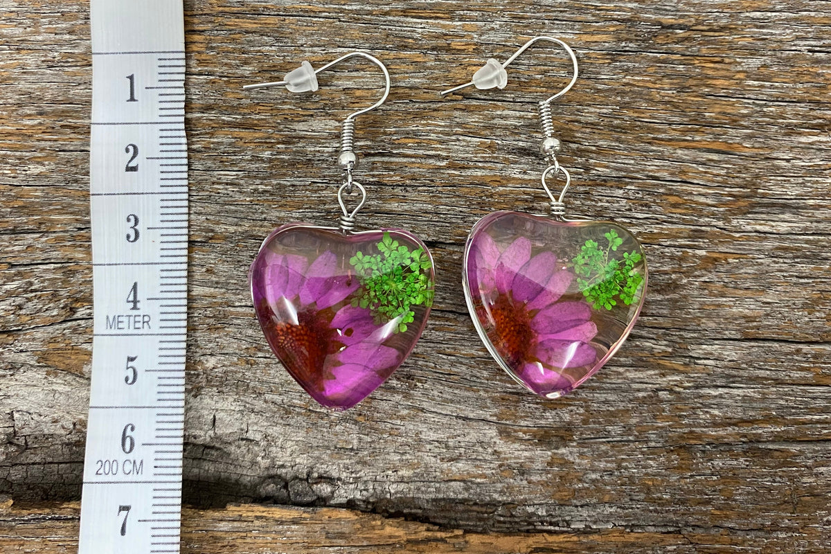 Earrings - Green & Purple Flower Heart Drop Earrings